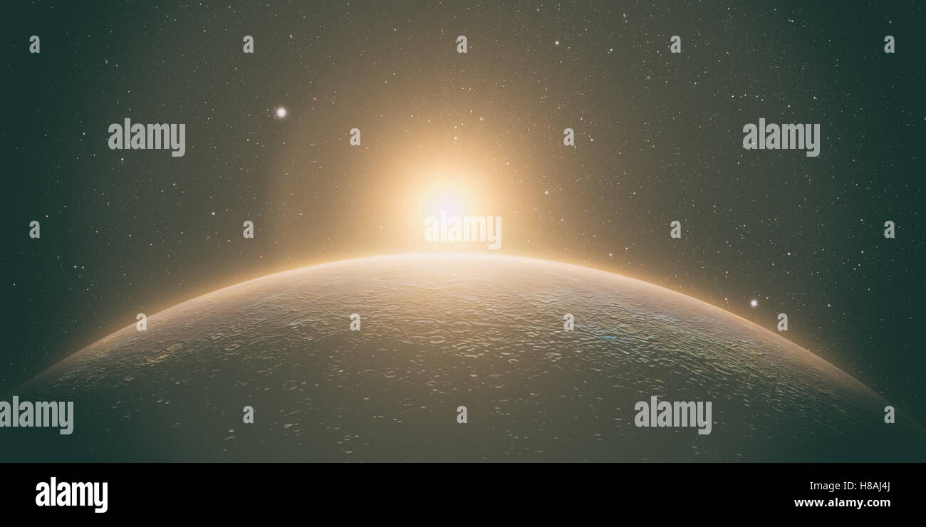 Pianeta mercurio con sunrise sullo sfondo spazio, 3d rendering. Foto Stock