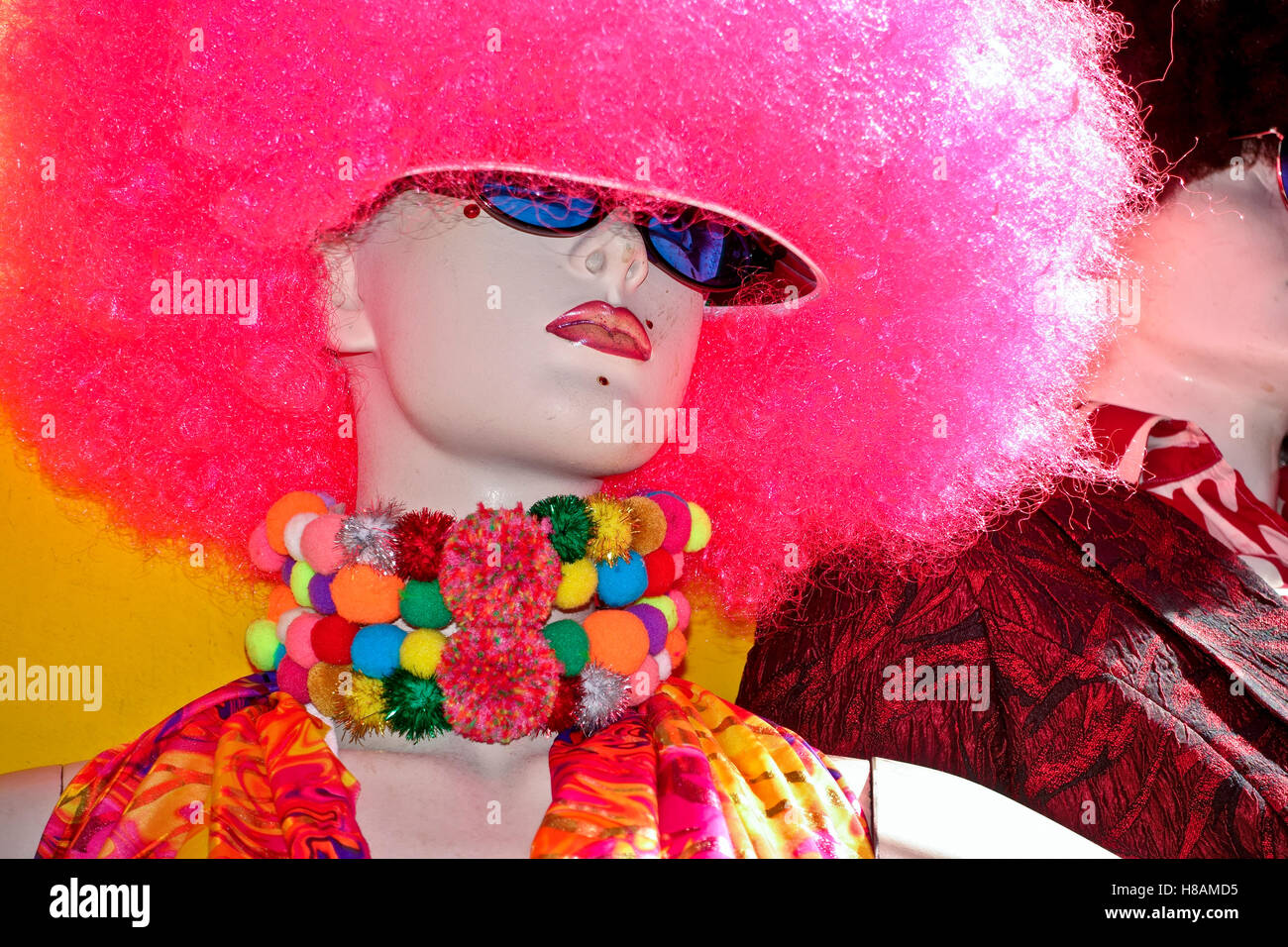 Manichino donna con finti Parrucca Rosa, sintetico capelli ricci, occhiali  da sole, collana colorata Foto stock - Alamy