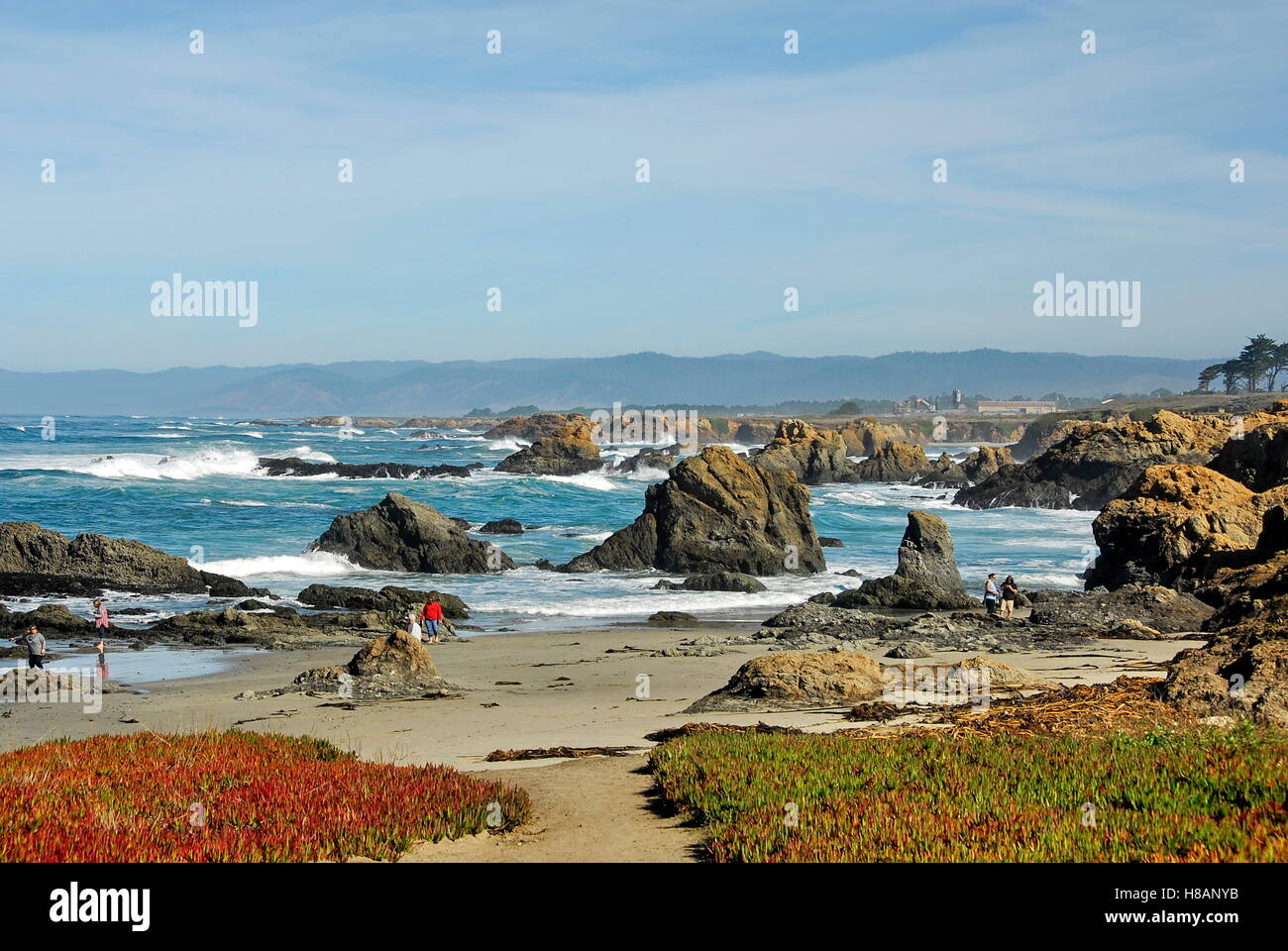 La gente a caccia di vetro del mare sulla spiaggia di vetro in MacKerricher stato Parco Fort Bragg, Mendocino County, California Foto Stock