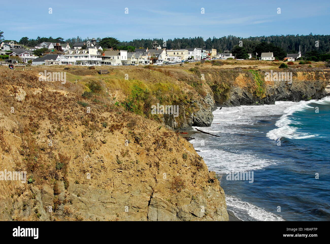 Vista della città di Mendocino, Mendocino County, California Foto Stock