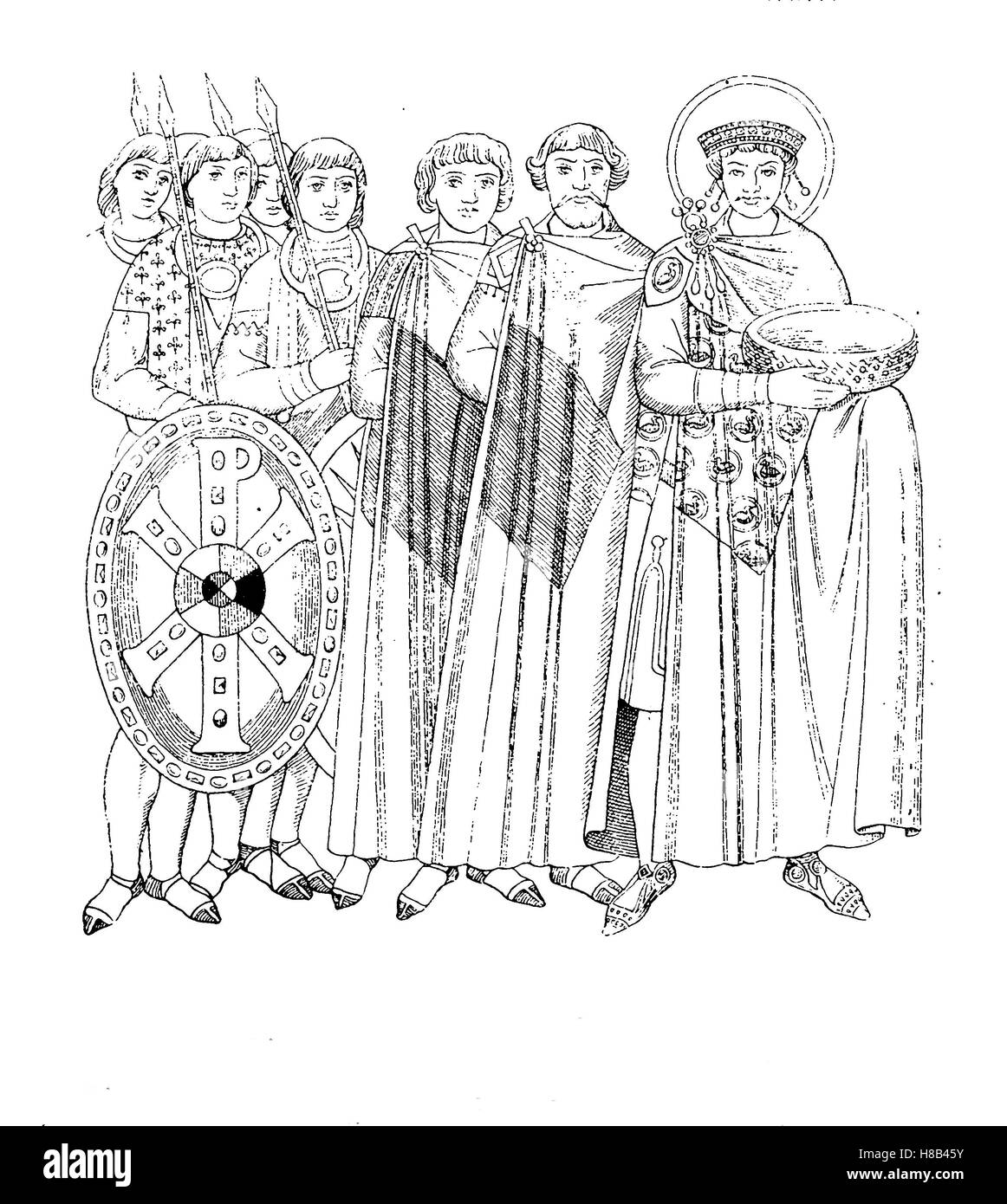L'imperatore Giustiniano e il suo entourage, VI secolo, dopo un mosaico pittura a Ravenna nella storia della moda, costume storia Foto Stock