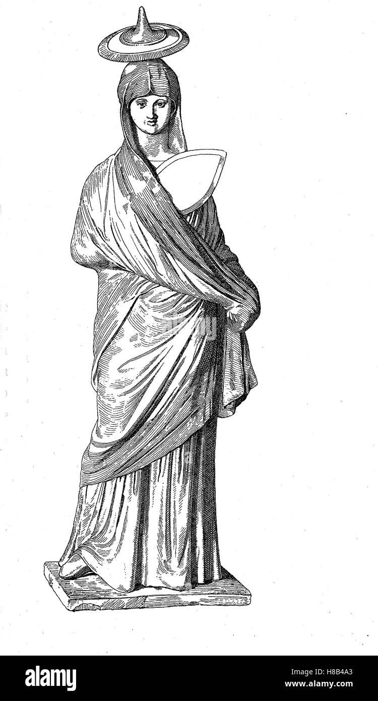 Antica Grecia, signora da Tanagra al tempo di Alessandro Magno, con hat, ventilatore, chiton e Himation, Storia della moda, costume storia Foto Stock