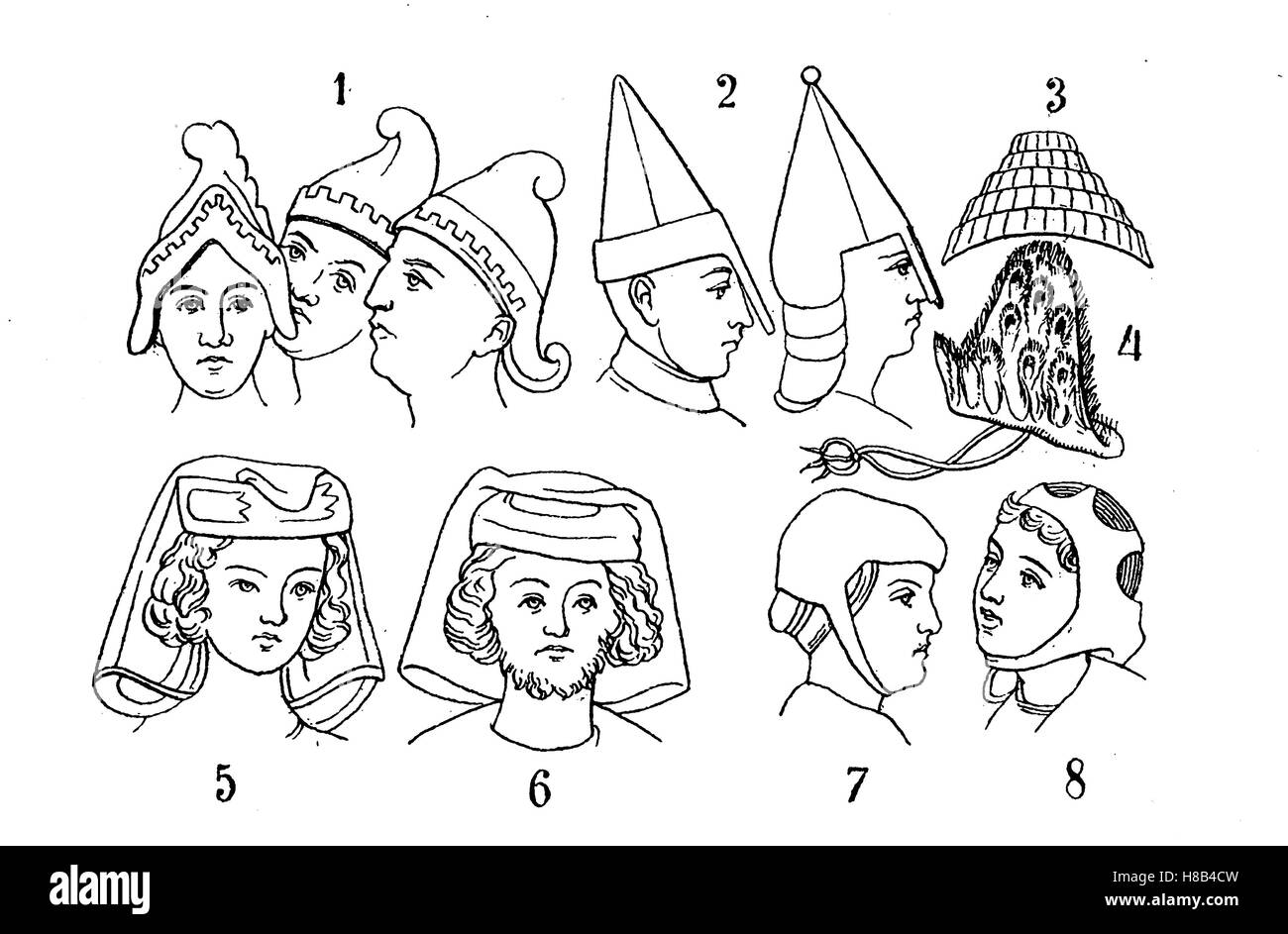 Testate maschio dal IX - XIII secolo. 1 La massoneria caschi di epoca carolingia, 2 caschi normanna del secolo XI, 3 Saechsischer Strohhut, 4 Pfauenhut del menestrello periodo, 5-8 Ritterliche Kopfbedeckungen der Minnes?ngerzeit, Storia della moda, costume storia Foto Stock