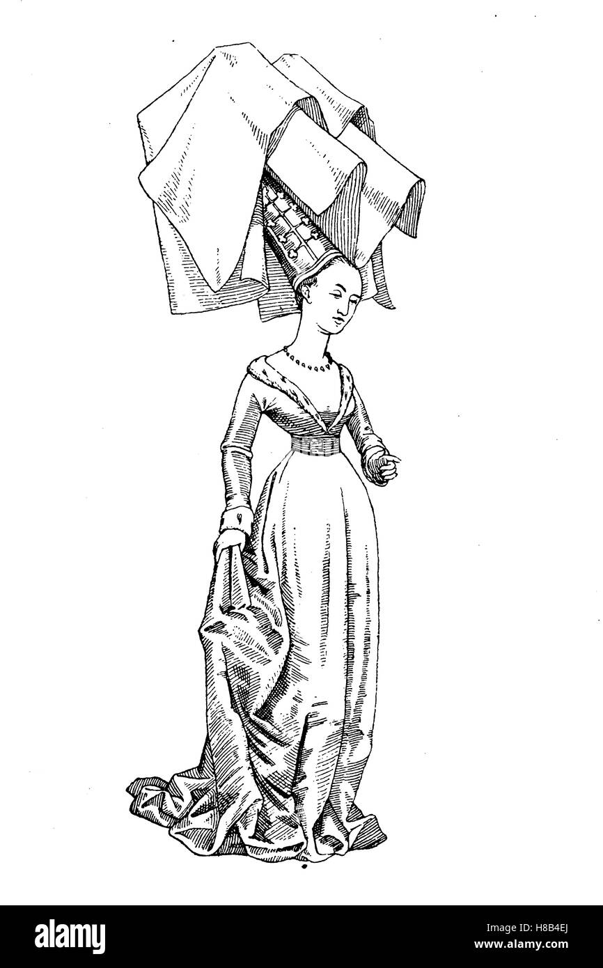 Signora con francese - Corte di borgogna-costume con alto cappello e velo sul filo rack, ca 1450, Storia della moda, costume storia Foto Stock