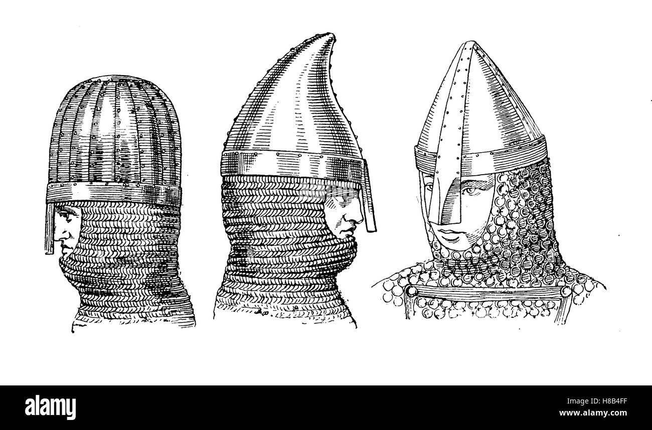 Caschi di guerriero, con nasale, 11-12. secolo, la storia della moda, costume storia Foto Stock