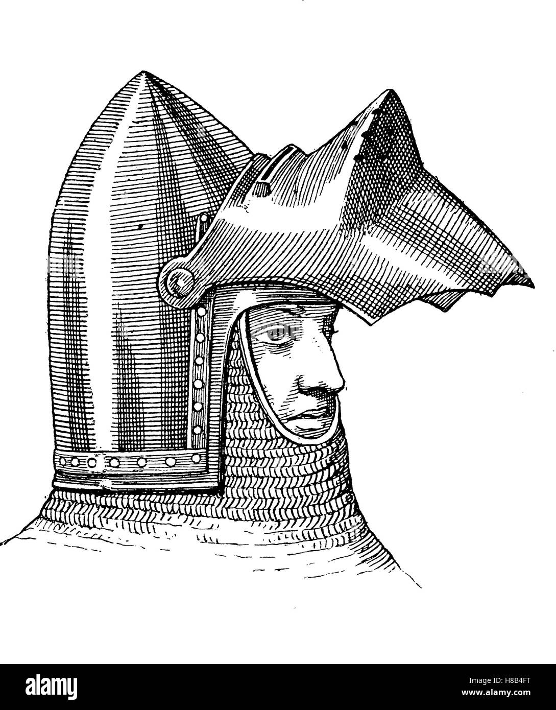 Culla neonato, cavalieri casco con visiera aperta del 14. secolo, la storia della moda, costume storia Foto Stock