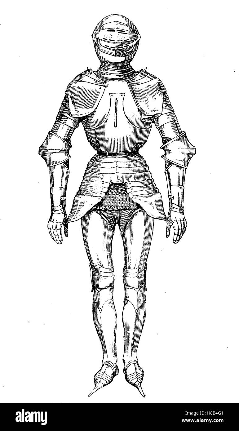 Knight, piastra completa armatura con Crakows o crackowes, erano uno stile di scarpe con lunghe dita molto popolare nel xv secolo, 15. secolo, la storia della moda, costume storia Foto Stock