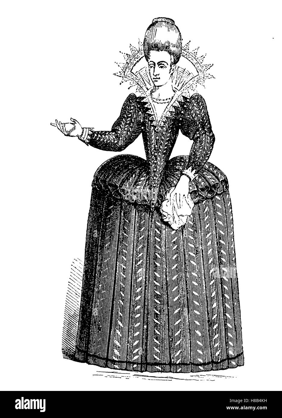 Signora con un farthingale, crinolina, Francia 1605, Storia della moda, costume storia Foto Stock