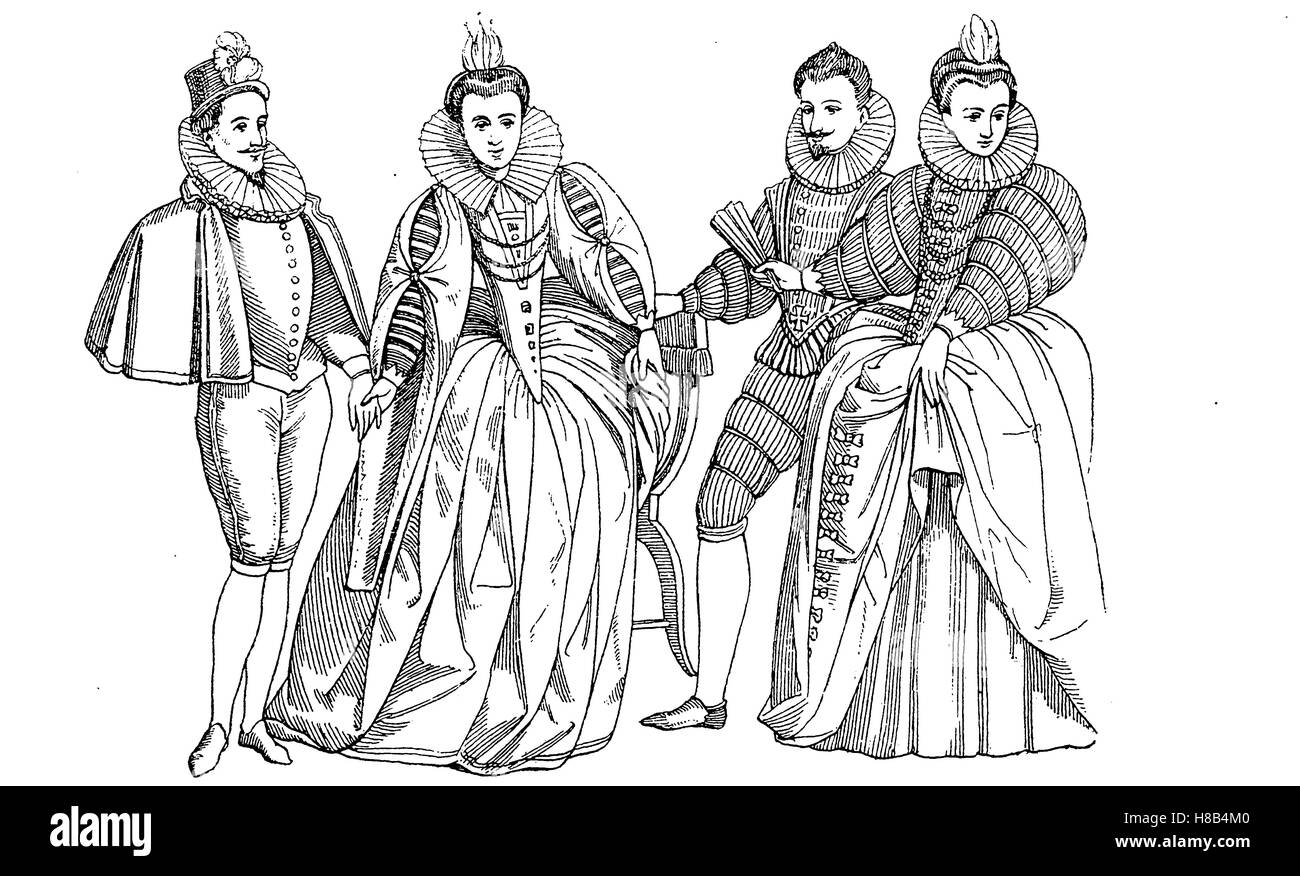 Uomini francesi del Les Mignons, e nobile donna del tempo di Enrico III di Francia, la storia della moda, costume storia Foto Stock