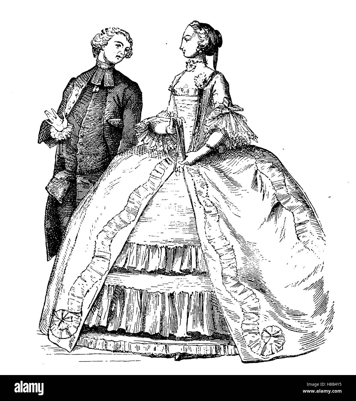 Signora con crinolina e Abbe, 1755, Francia, Storia della moda, costume storia Foto Stock