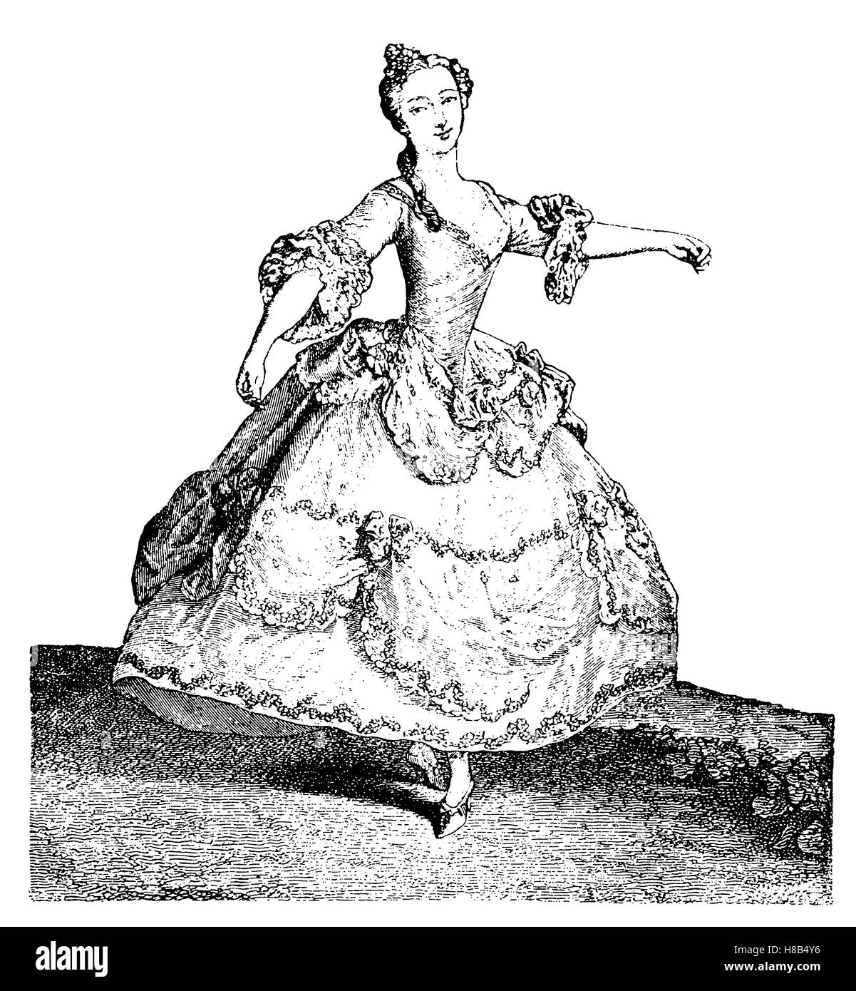 Woman Dancing, indossando una crinolina, 1740, Storia della moda, costume storia Foto Stock