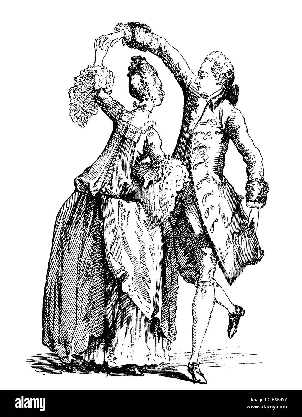 Uomo e donna in costume dell'anno 1762, danze di coppia, Francia, Storia della moda, costume storia Foto Stock