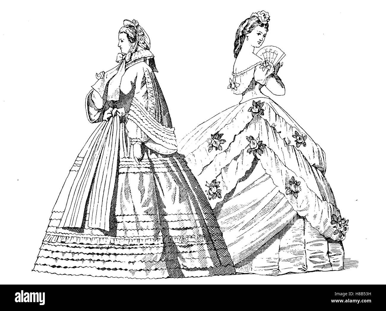 La moda femminile nell'anno 1850, con Erinoline, Francia, Storia della moda, costume storia Foto Stock