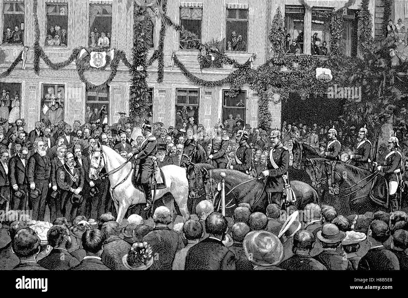 Le manovre di imperiale in Turingia, Imperatore Guglielmo II arriva in città di Muehlhausen, Xilografia dal 1892 Foto Stock