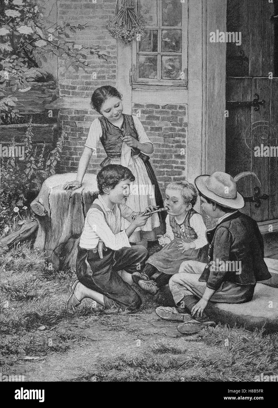 Bambini pratica riproduzione di flauto, Xilografia dal 1892 Foto Stock