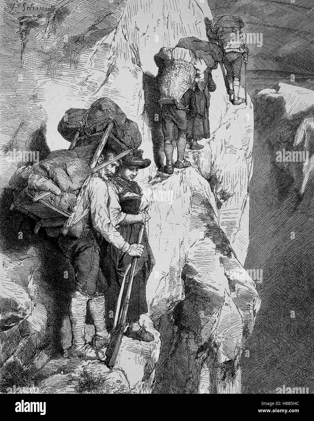 Smugglers sul marzo attraverso le montagne, Xilografia dal 1892 Foto Stock