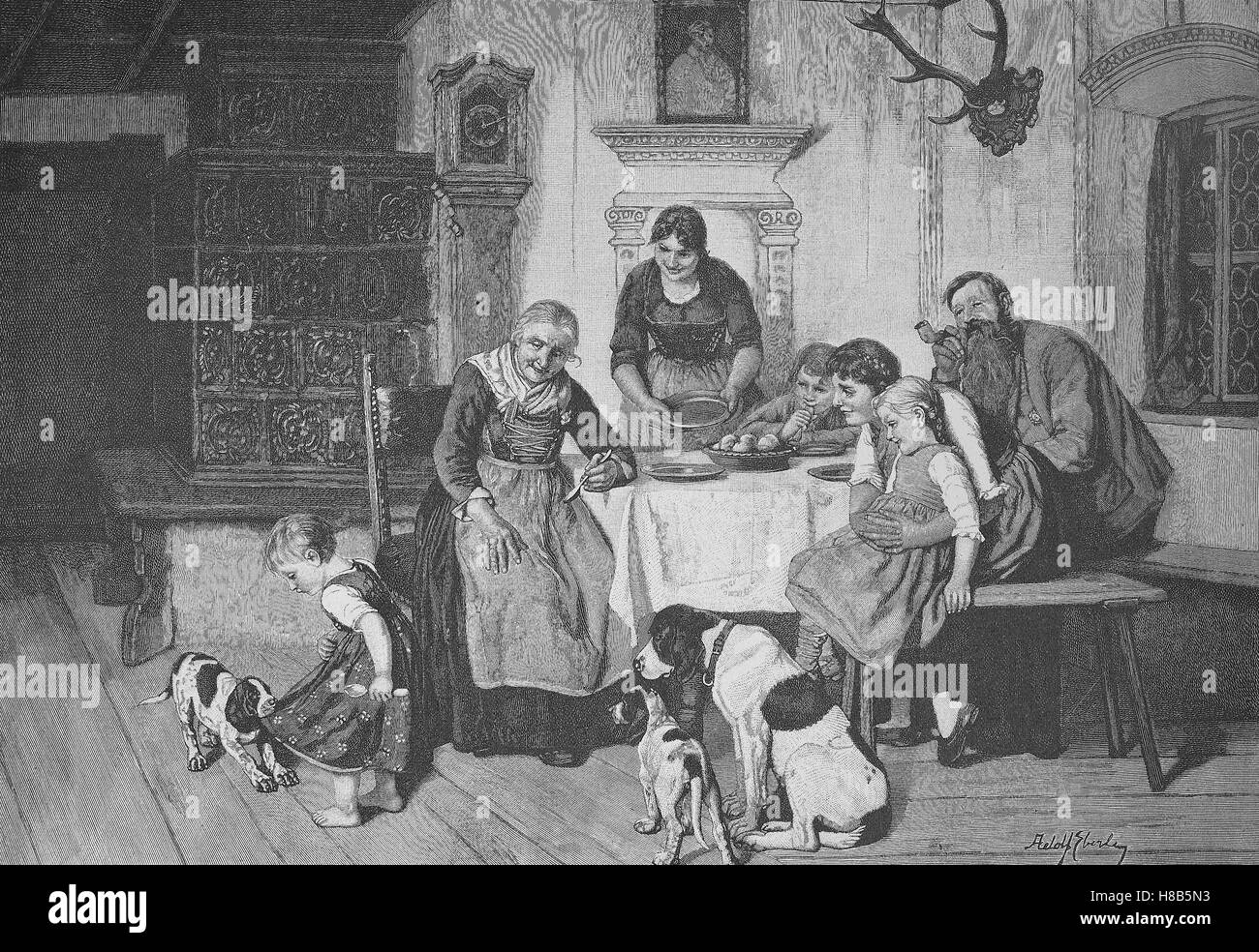 Domenica idillio di famiglia in una famiglia di contadini, con la nonna, bambini e cani, Xilografia dal 1892 Foto Stock