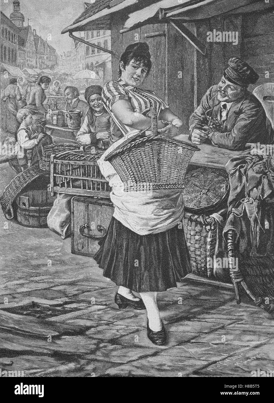 Donna con cesto, tornando a casa dal mercato. Xilografia dopo un dipinto di Müller, Xilografia dal 1892 Foto Stock