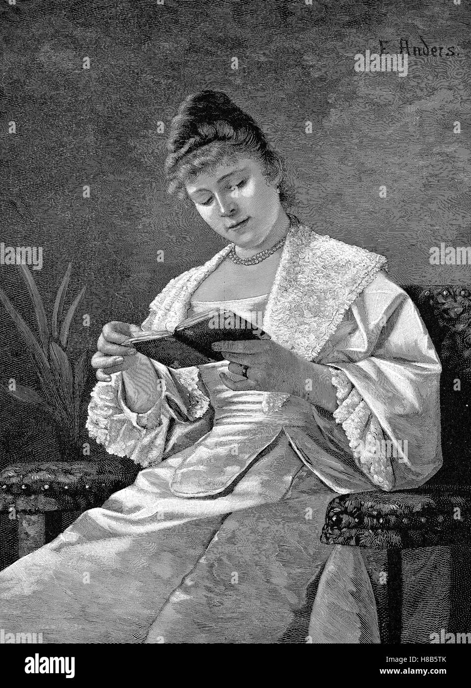 Donna perdita di lettura di un libro, incisione su legno dopo un dipinto da Anders, Xilografia dal 1892 Foto Stock