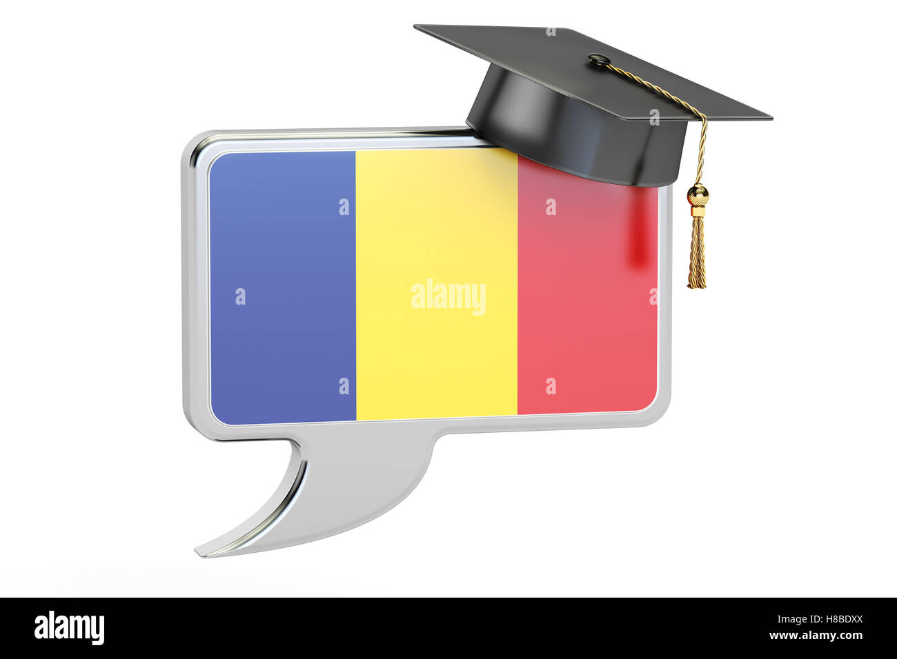 Discorso bolla con bandiera rumena, il concetto di apprendimento. Il rendering 3D Foto Stock