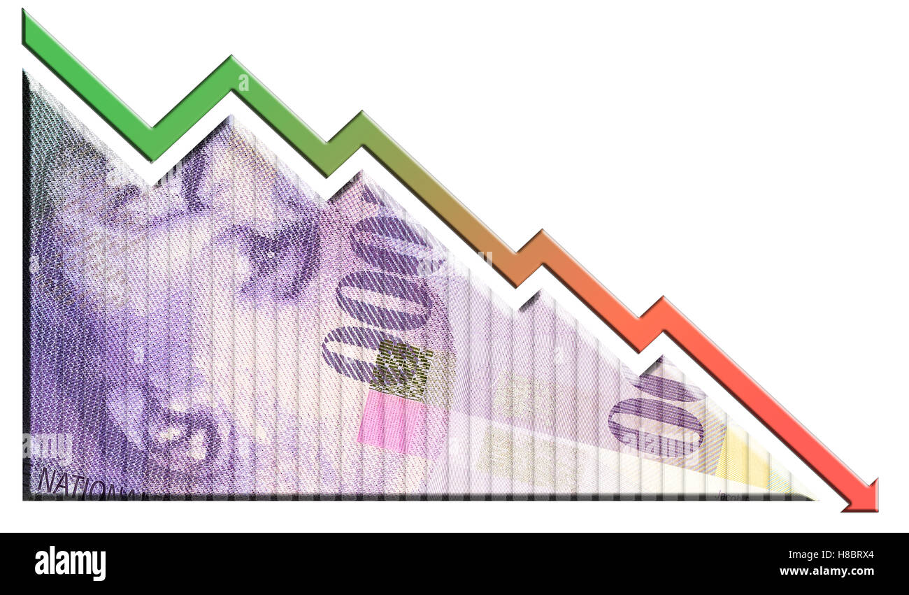 Un denaro bill guardando come un grafico in calo con una freccia rivolta verso il basso che simboleggiano le relazioni economiche. Foto Stock