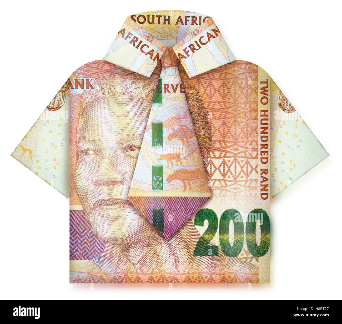 Un piccolo uomo d affari con camicia e cravatta fatta di banconote Foto Stock