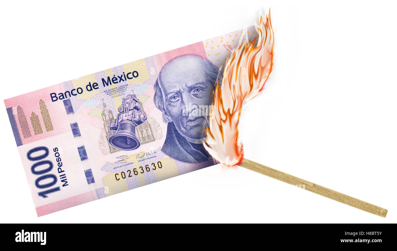 Una banconota essendo bruciato da un confronto con la masterizzazione in una grande fiamma. Foto Stock