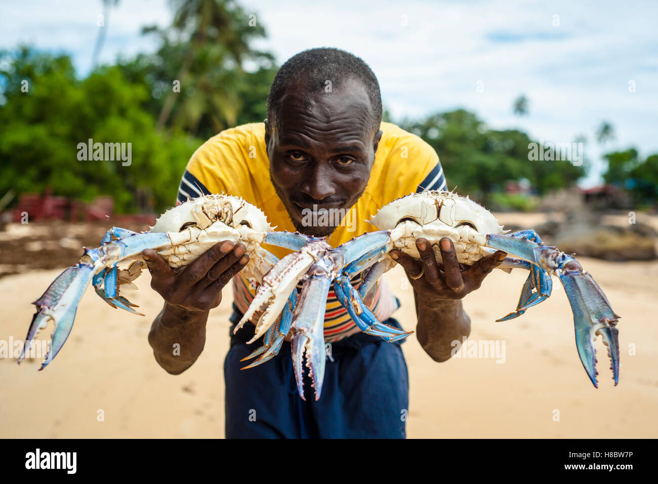 Pescatore locale azienda granchi blu a Bureh Beach, Sierra Leone Foto Stock