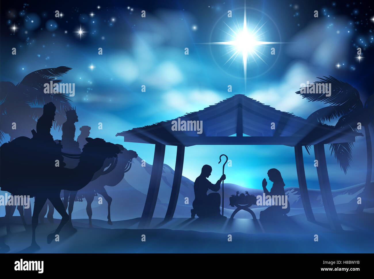 Natale scena della natività cristiana del Bambino Gesù nella mangiatoia con Maria e Giuseppe in silhouette e tre saggi Foto Stock