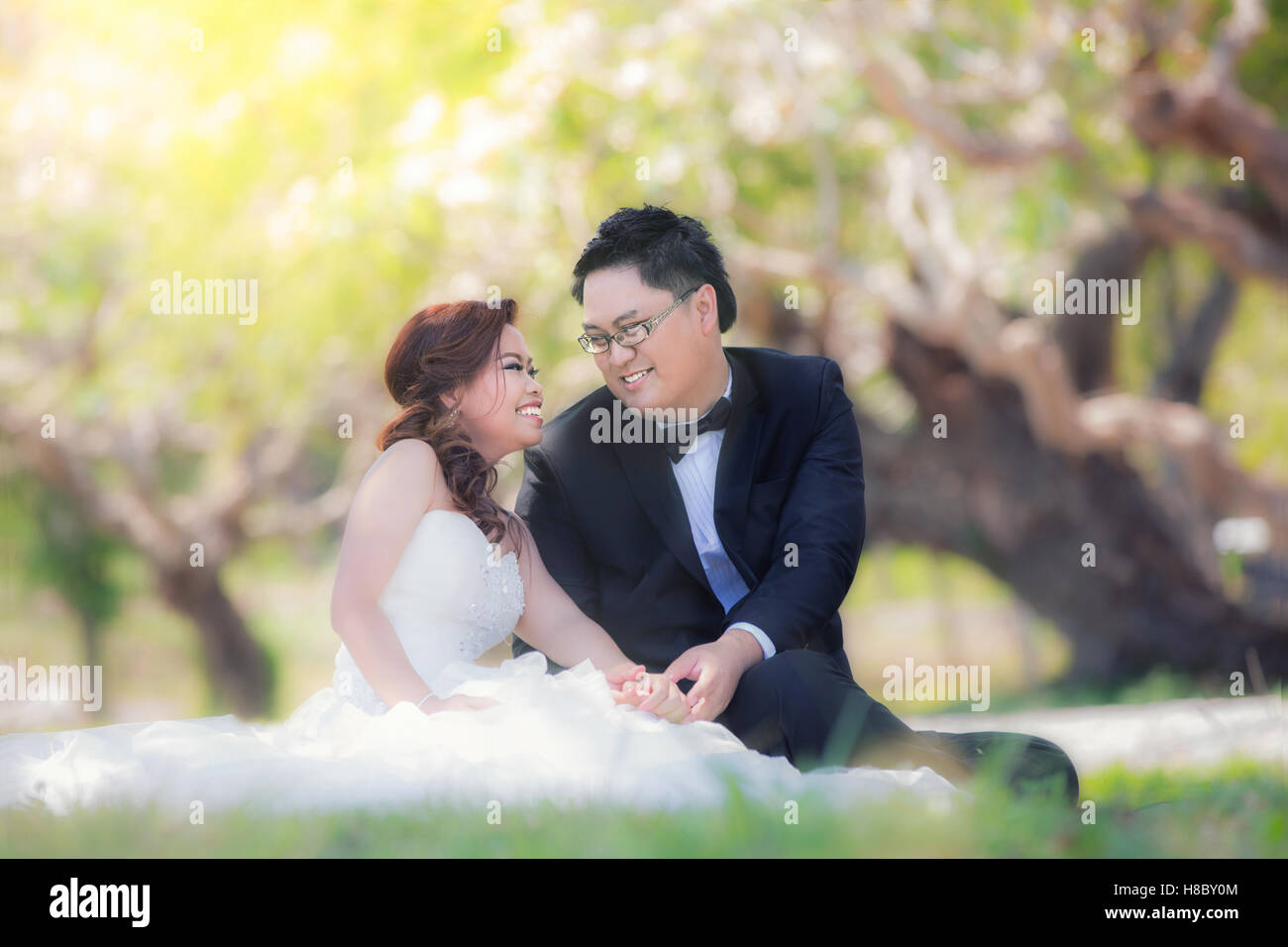 Ritratto di Allegro sposi abbracciando e guardando la telecamera. Asian sposi in giardino Foto Stock