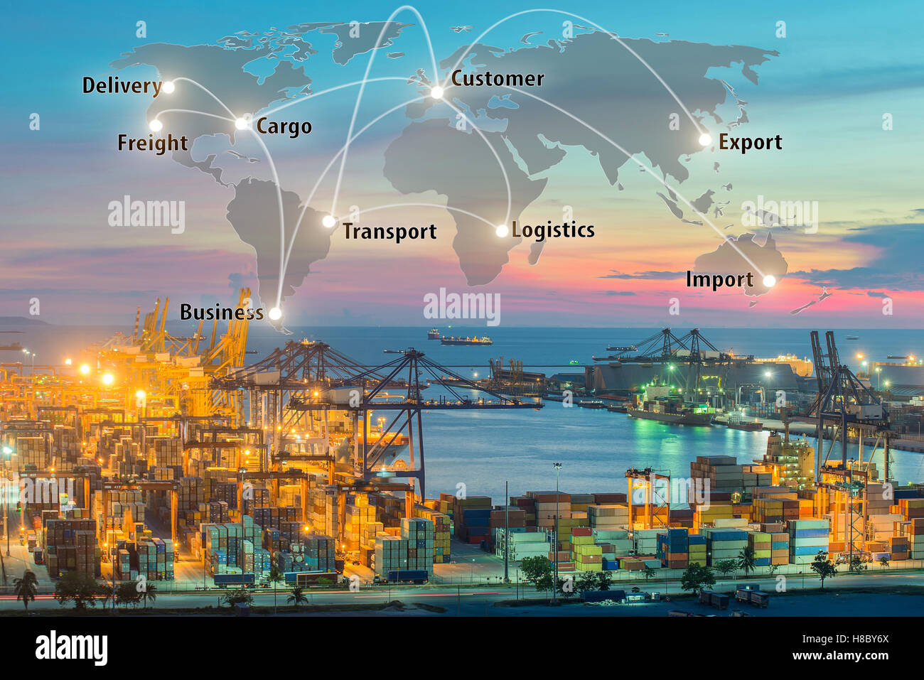 Mappa logistica globale di partenariato il collegamento del contenitore merci nave per la logistica Import Export, sfondo Foto Stock