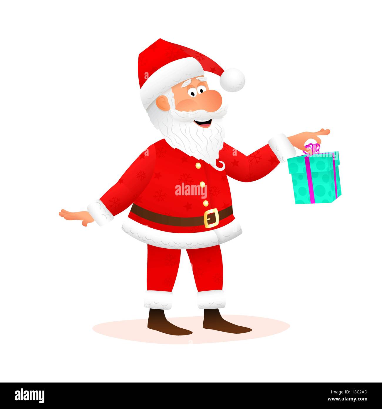 Santa Claus carattere piatta isolati su sfondo bianco. In piedi funny uomo vecchio è in possesso di un regalo di Natale con nastro e smilin Illustrazione Vettoriale