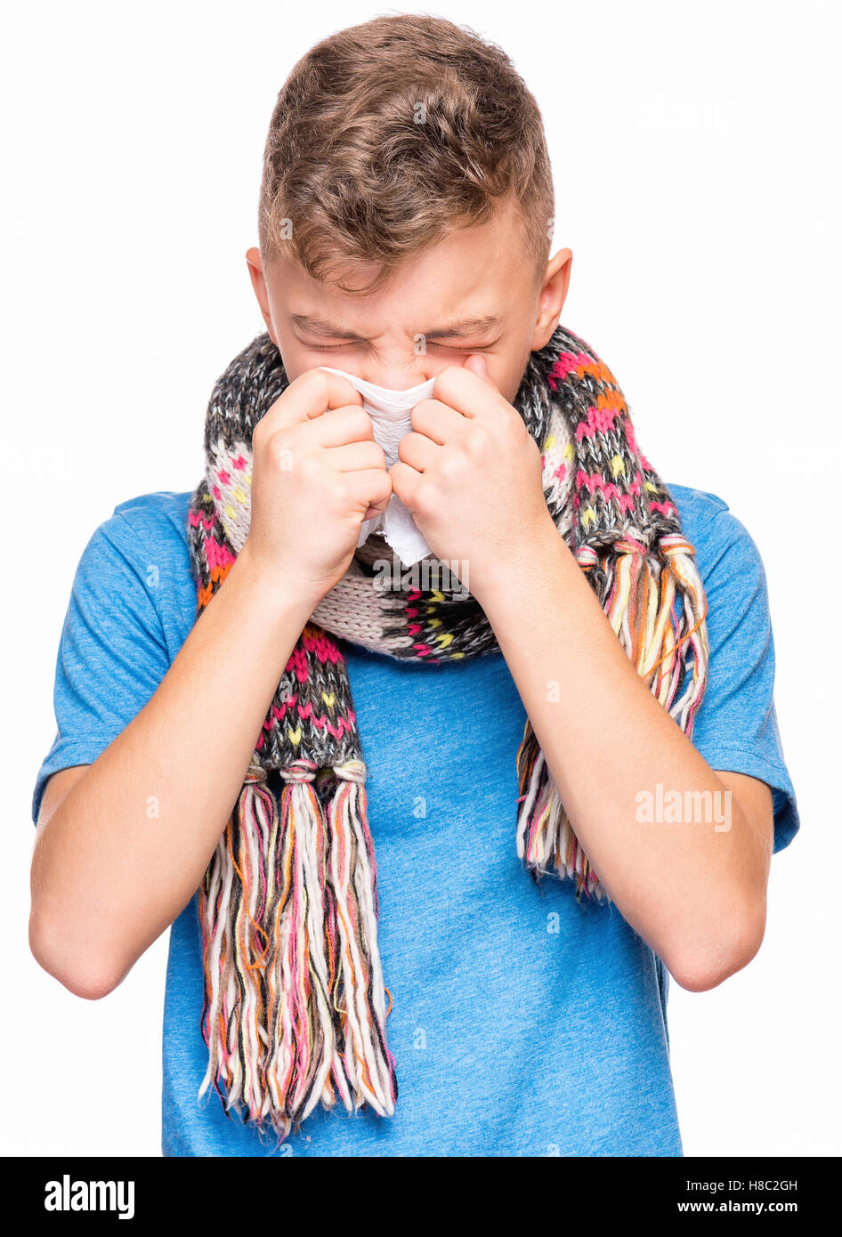 Ill teen boy con flu Foto Stock