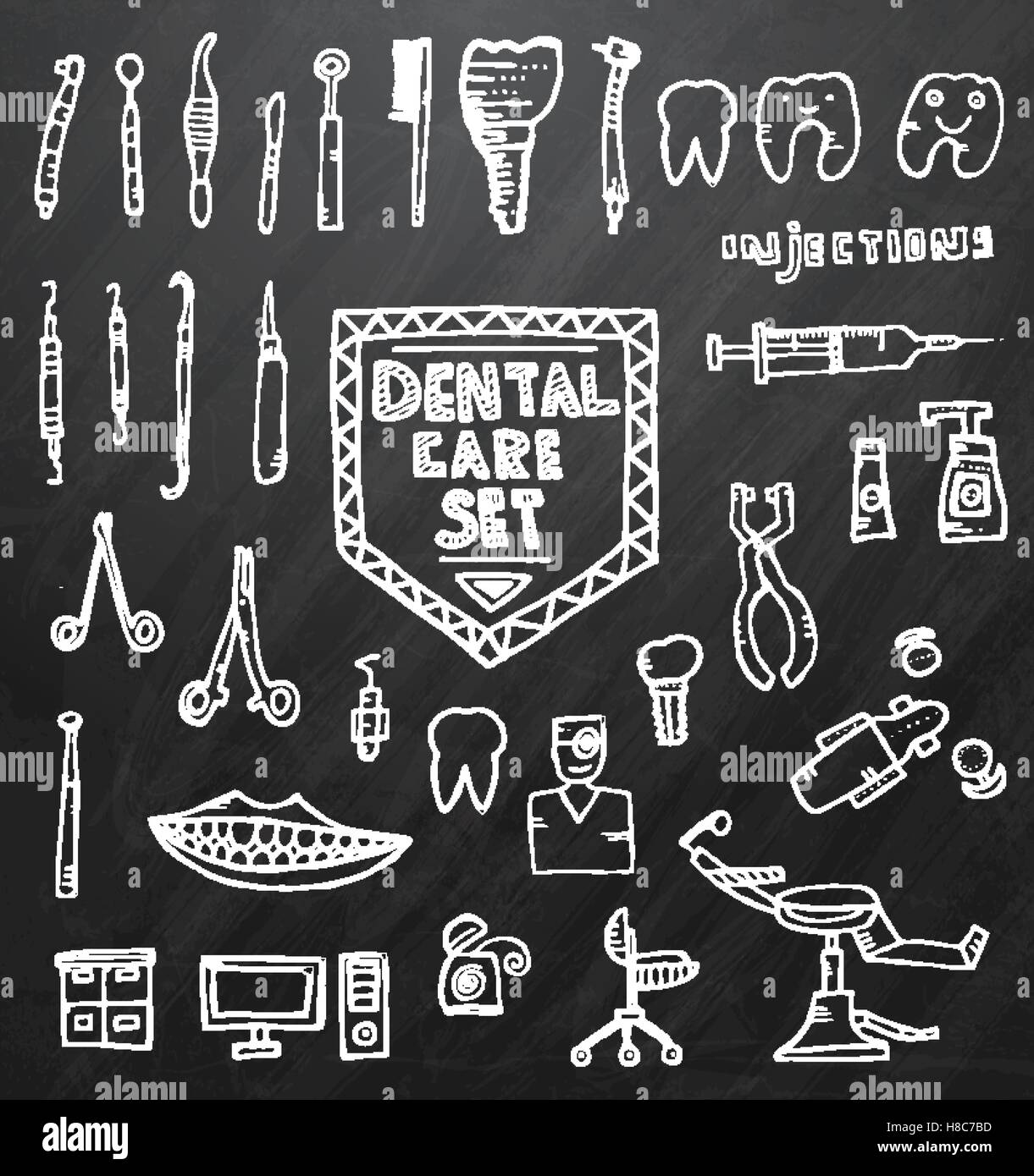 Per le cure dentarie impostato con diversi disegnati a mano le icone sul gesso nero bordo. Illustrazione Vettoriale. Illustrazione Vettoriale