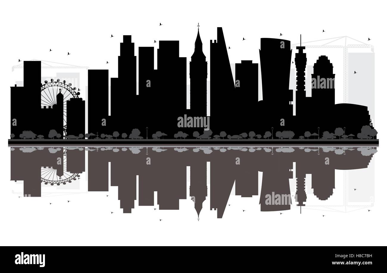 London skyline della città in bianco e nero con silhouette riflessioni. Illustrazione Vettoriale. Piatto semplice concetto per il turismo Illustrazione Vettoriale