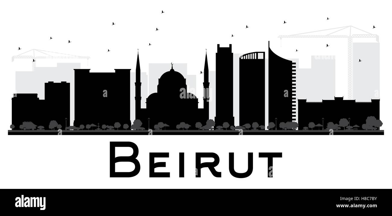 Beirut skyline della città in bianco e nero la silhouette. Illustrazione Vettoriale. Piatto semplice concetto per il turismo presentazione, banner Illustrazione Vettoriale