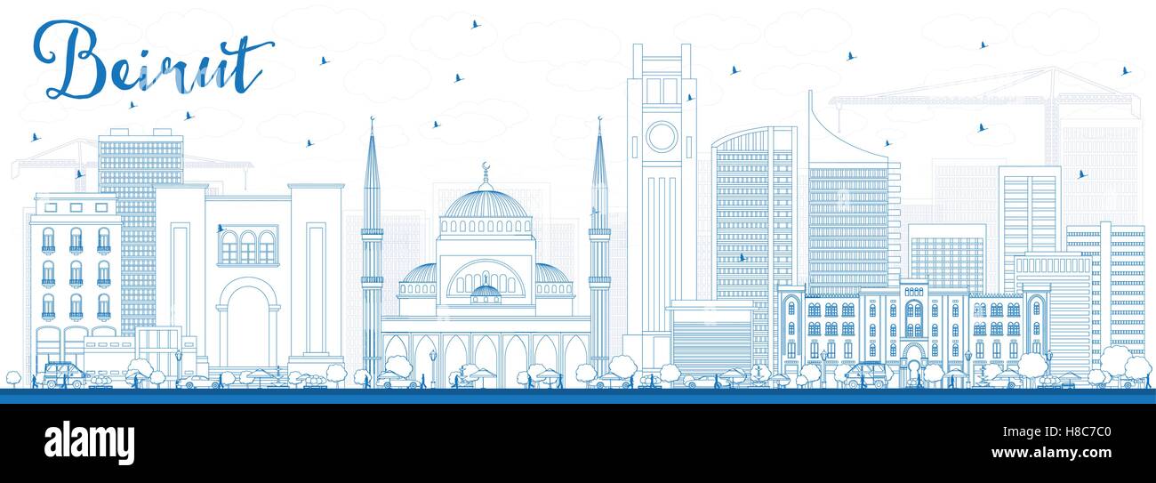 Profilo dello Skyline di Beirut con edifici blu. Illustrazione Vettoriale. Viaggi di affari e di turismo con il concetto di architettura moderna. Illustrazione Vettoriale