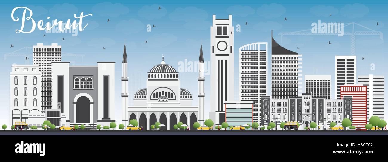 Lo Skyline di Beirut con edifici grigi e cielo blu. Illustrazione Vettoriale. Viaggi di affari e turismo Concept Illustrazione Vettoriale