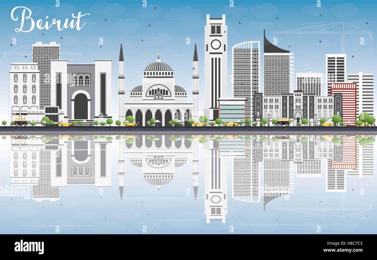 Lo Skyline di Beirut con edifici grigi, cielo blu e riflessi. Illustrazione Vettoriale. Viaggi di affari e turismo Concept Illustrazione Vettoriale