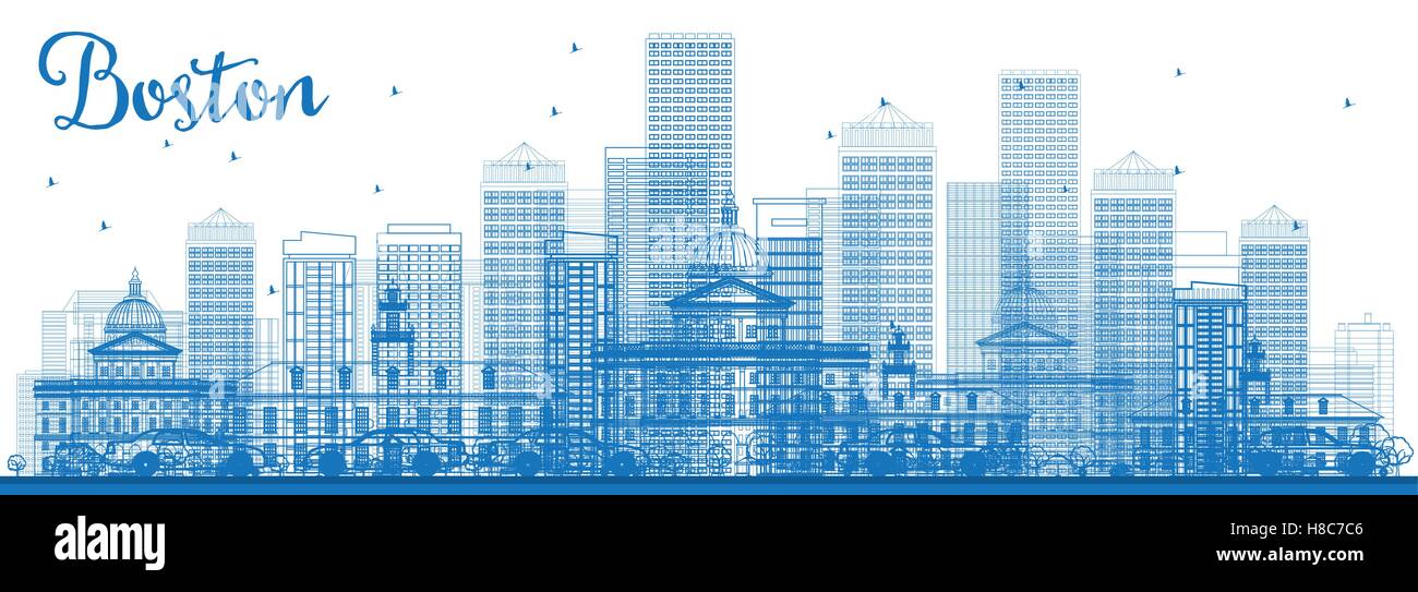 Profilo dello Skyline di Boston con edifici blu. Illustrazione Vettoriale. Viaggi di affari e di turismo con il concetto di architettura moderna. Illustrazione Vettoriale