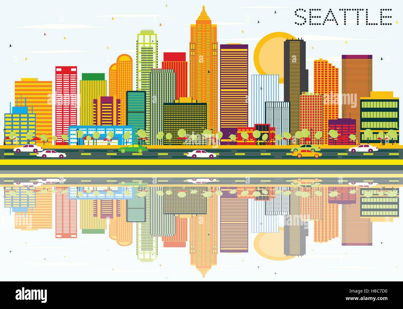 Abstract dello skyline di Seattle con edifici di colori e riflessi. Illustrazione Vettoriale. Viaggi di affari e turismo Concept Illustrazione Vettoriale