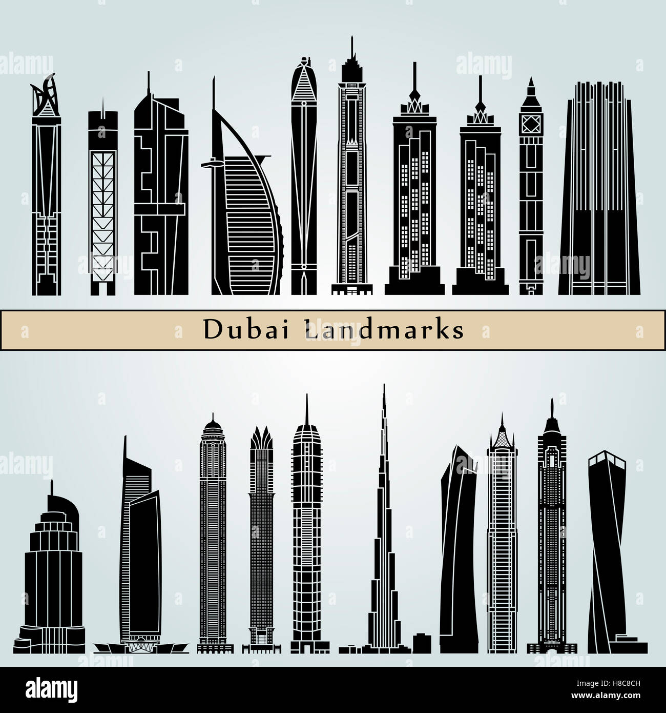 Dubai V2 di riferimento e monumenti isolati su sfondo blu modificabile nel file vettoriale Foto Stock