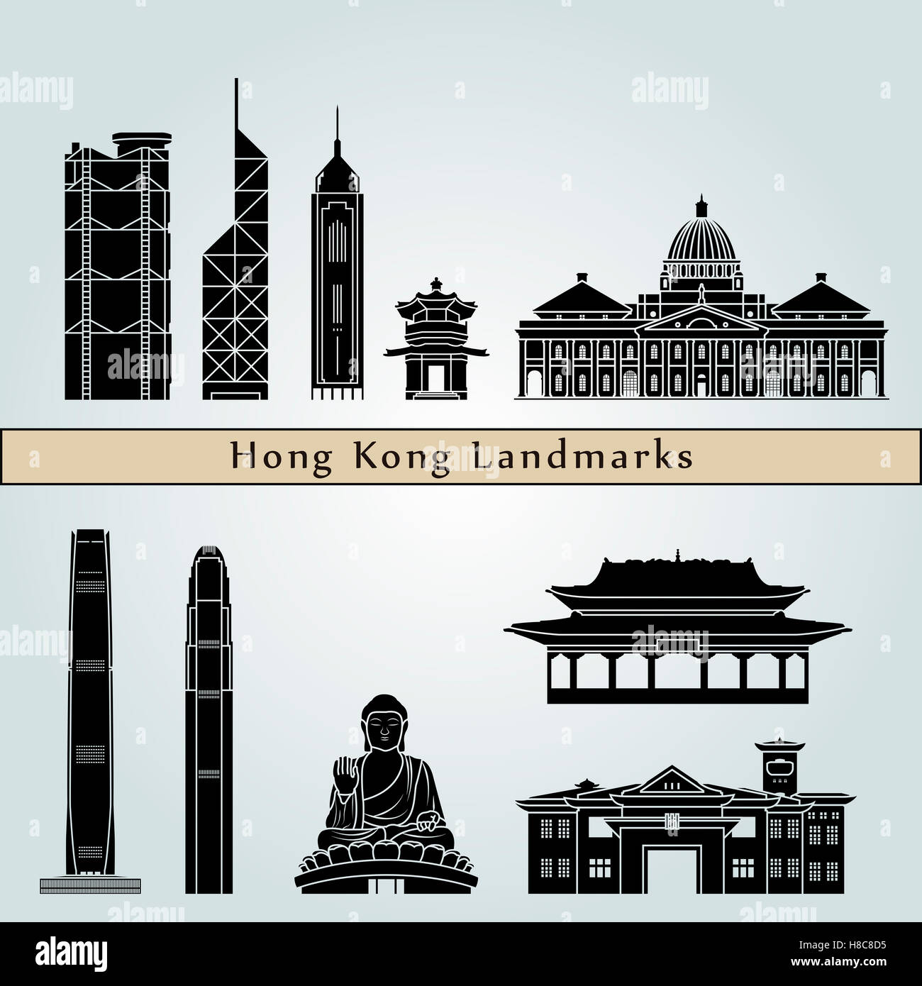 Hong Kong V2 di riferimento e monumenti isolati su sfondo blu modificabile nel file vettoriale Foto Stock