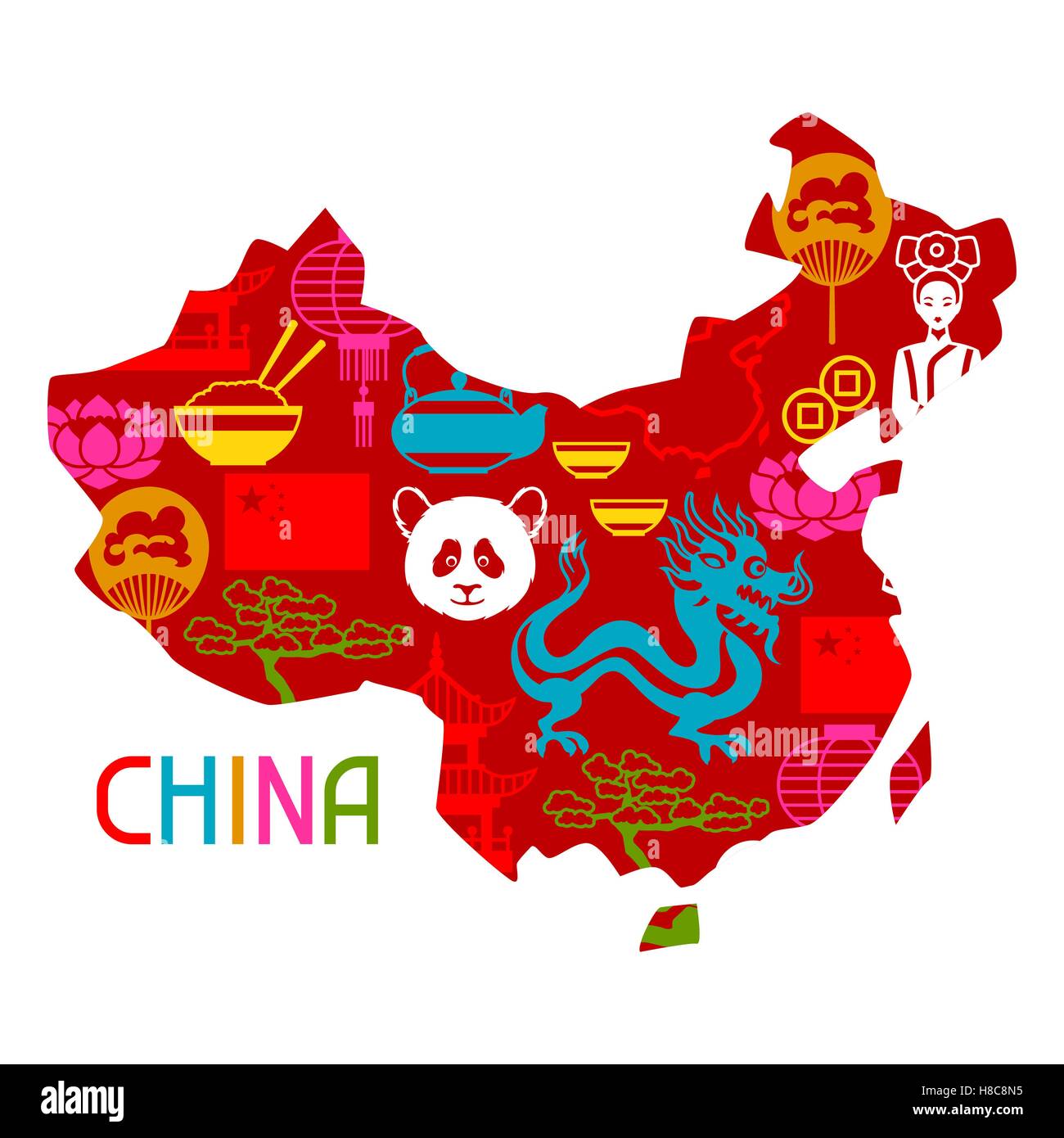 Cina mappa design. I simboli cinesi e oggetti Illustrazione Vettoriale