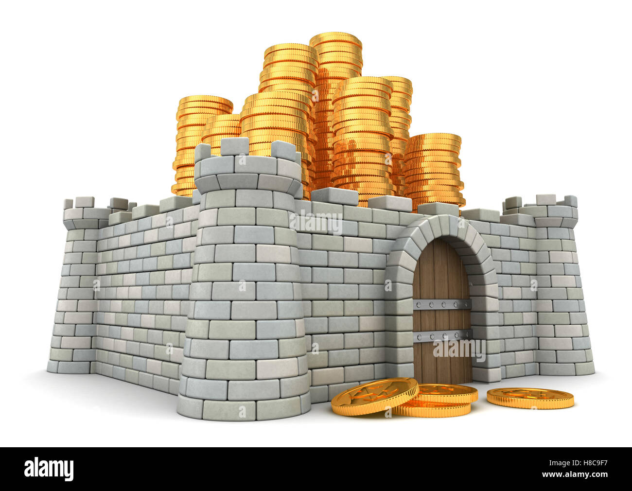3d illustrazione della fortezza aroun monete d oro heap Foto Stock