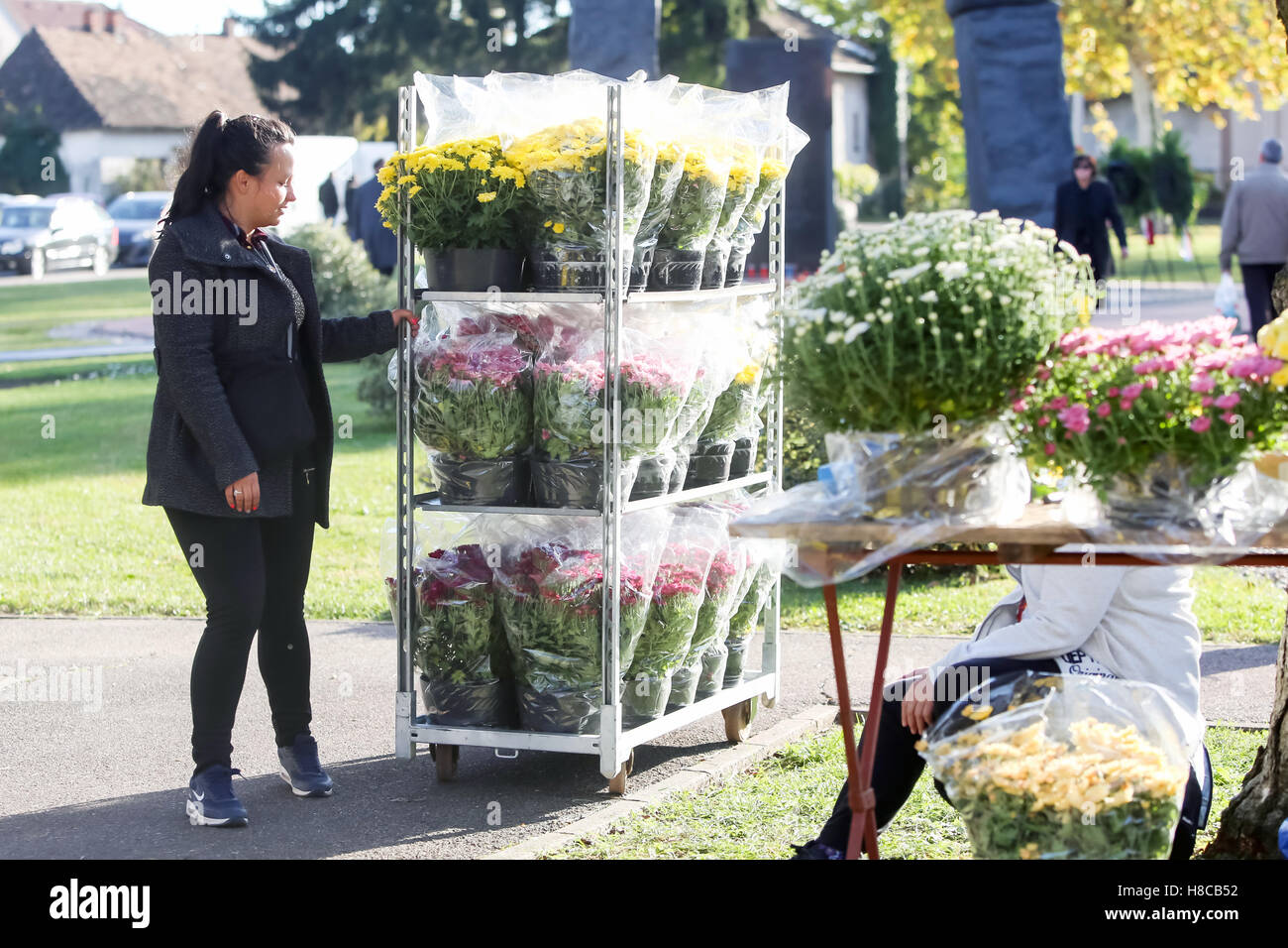 Donna spingendo carrelli mobili con decorazioni floreali in vendita presso il cimitero sulla festa di Tutti i Santi nella Velika Gorica, Croazia. Foto Stock