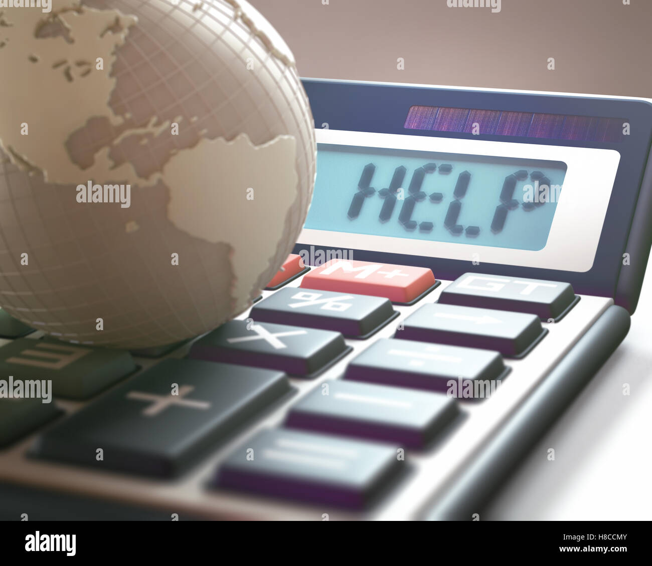 Calcolatrice con la parola help sul display, in rappresentanza di crisi finanziaria mondiale. 3D'illustrazione, il concetto di immagine di Global Giornate mondiali Foto Stock