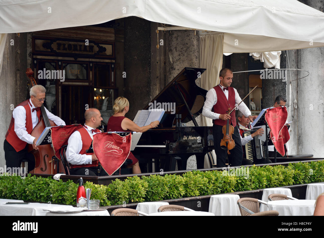Orchestra in la tradizionale caffetteria caffè Florian in Piazza San Marco di Venezia in Italia. Foto Stock