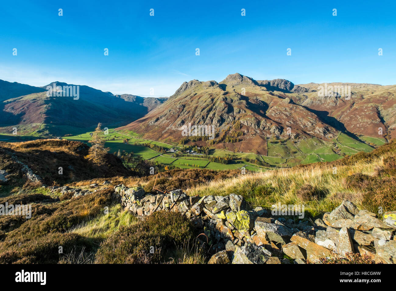 The Langdale Pikes visto dal lato luccio nel Parco Nazionale del Distretto dei Laghi Foto Stock