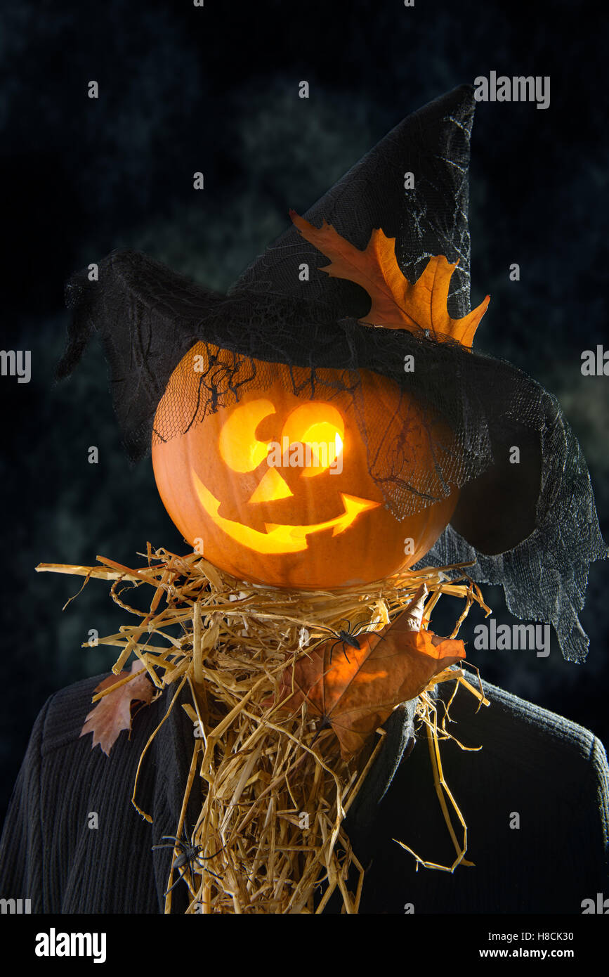 Testa di zucca indossando un streghe con cappello di paglia e ragni per Halloween Foto Stock